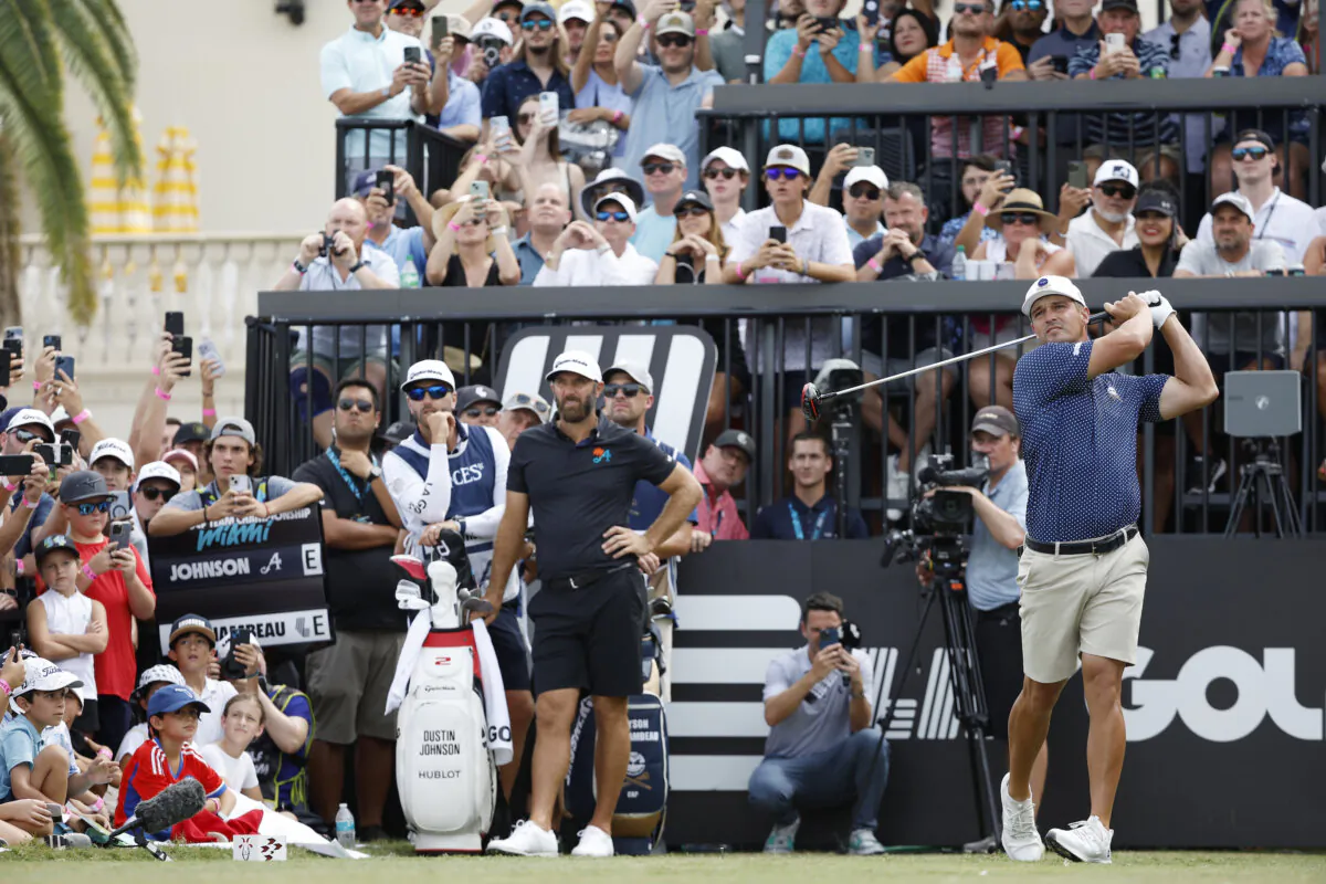 Captain Bryson DeChambeau of Crushers GC hits his shot from the first teeduring Day Three of the LIV Golf Invitational—Miami Team Championship at Trump National Doral Miami in Doral, Fla., on Oct. 22, 2023. (Cliff Hawkins/Getty Images)