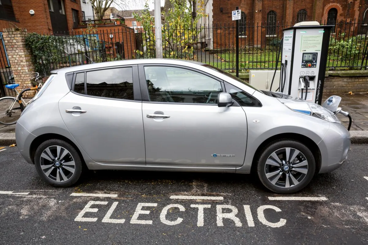 A Go Ultra Low Nissan LEAF on charge on a London street in an undated file photo. (Miles Willis/Stringer/Getty Images)