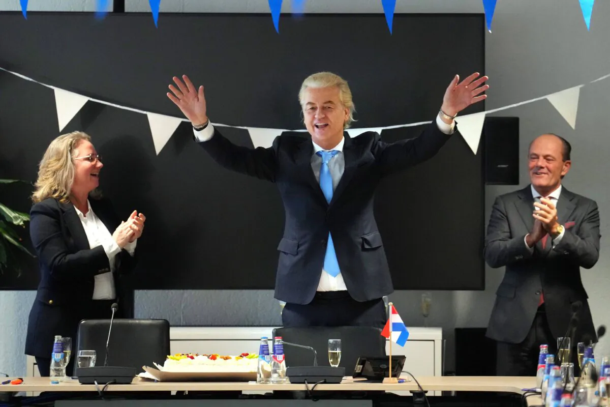 Geert Wilders, the leader of the Dutch Party for Freedom (PVV), celebrates in his party office after his party's victory in yesterday's general election, in The Hague, Netherlands, on Nov. 23, 2023. (Carl Court/Getty Images)