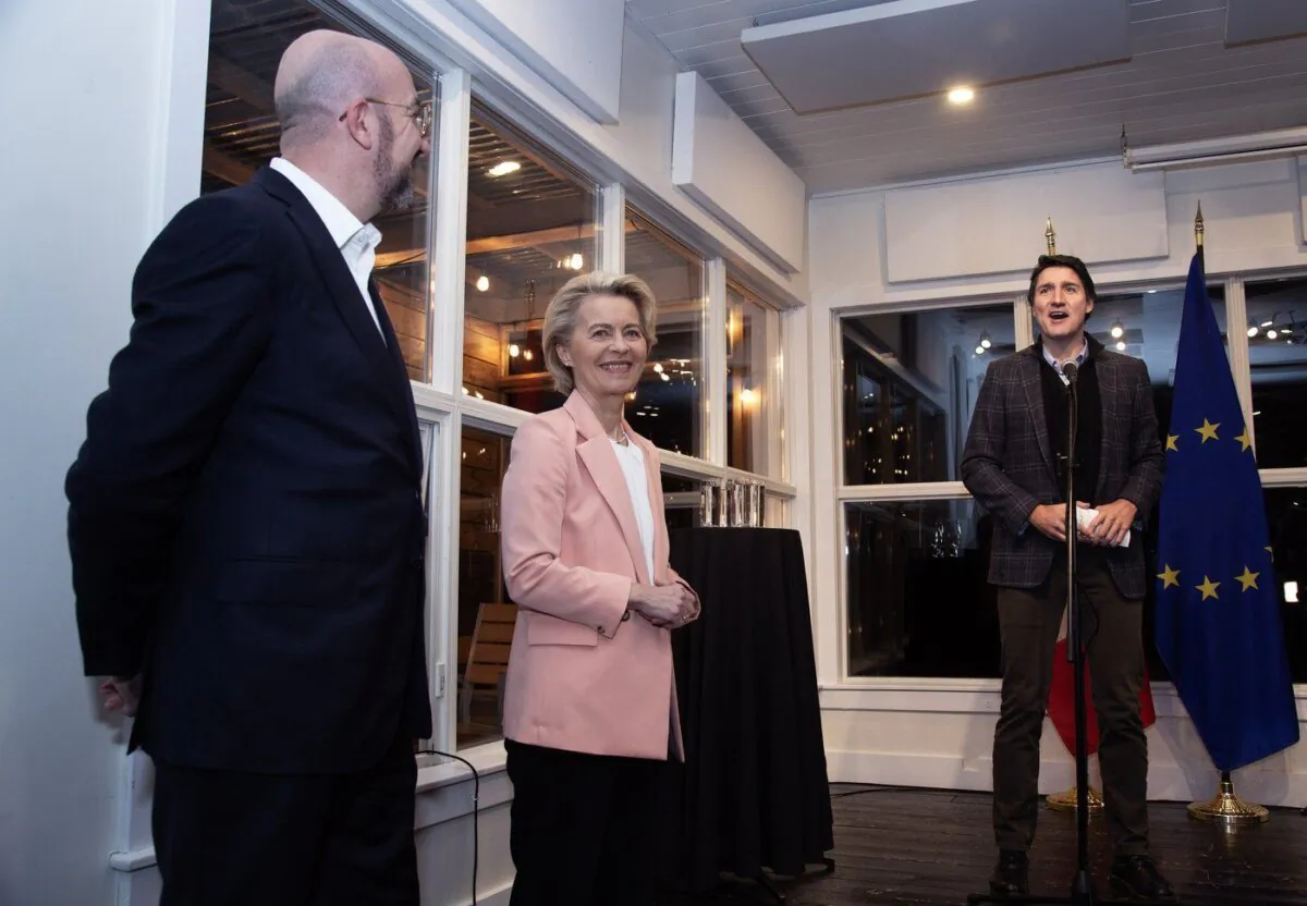 Prime Minister Justin Trudeau, right, welcomes the President of the European Council, Charles Michel, left, and the President of the European Commission, Ursula von der Leyen during a reception at the Quidi Vidi Brewery in St. John's on Nov. 23, 2023. (The Canadian Press/Paul Daly)
