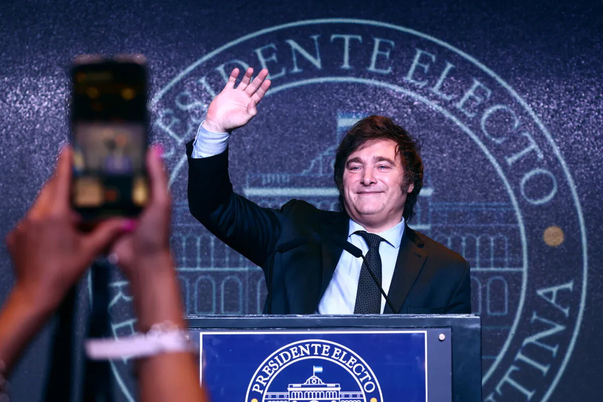 Argentine president-elect Javier Milei addresses supporters after winning Argentina's runoff presidential election, in Buenos Aires, Argentina, on Nov. 19, 2023. (Tomas Cuesta/Getty Images)