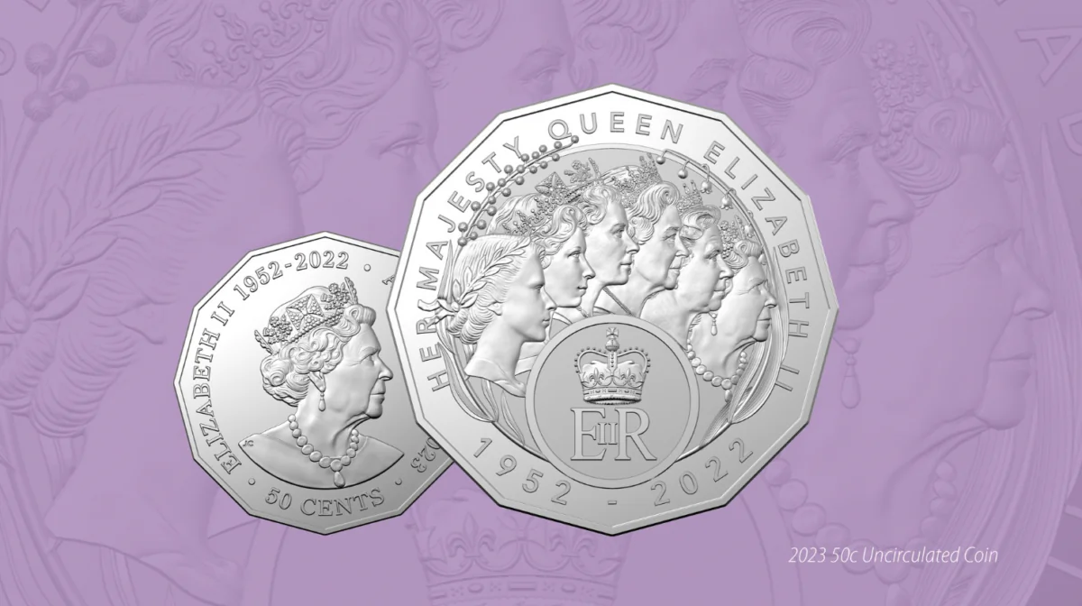 The Queen Elizabeth II 50c coins in both fine silver proof and uncirculated finishes are released by the Royal Australian Mint in Canberra, Australia, on Nov. 23. (Royal Australian Mint/Facebook)