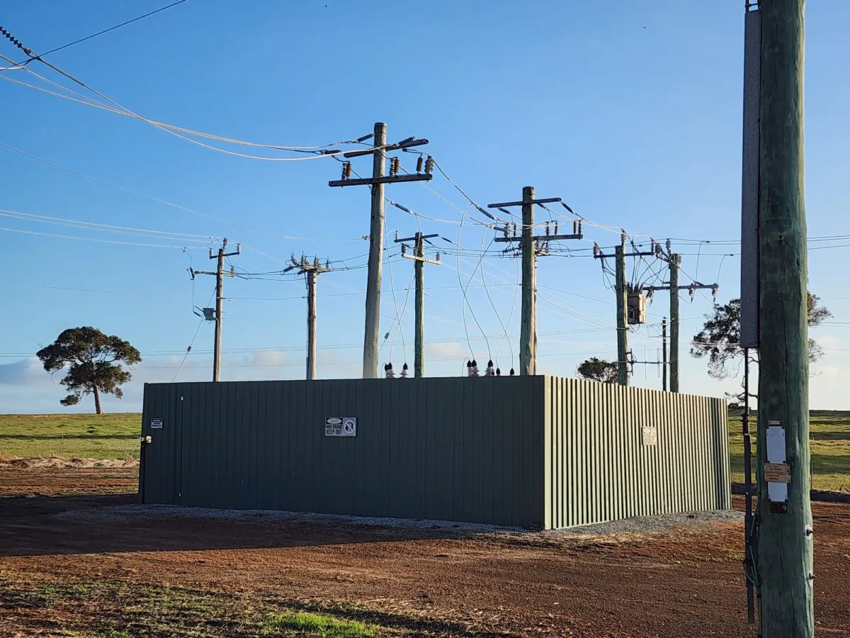 A small electrical substation is seen in a rural area near Albany, Western Australia, on Nov. 24, 2023. (Susan Mortimer/The Epoch Times)