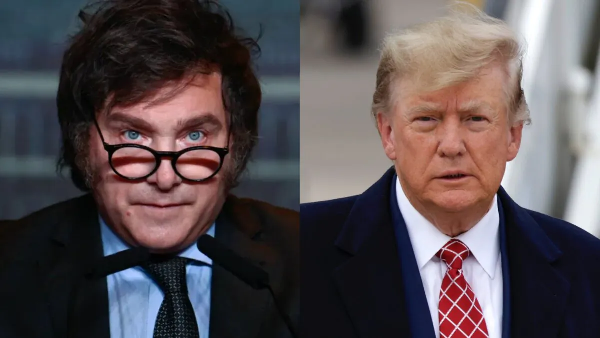 Argentine presidential candidate Javier Milei (L) speaks to supporters after winning the presidential election in Buenos Aires, Argentina, on Nov. 19, 2023. (Luis Robayo/AFP via Getty Images). President Donald Trump (R) disembarks his plane "Trump Force One" at Aberdeen Airport in Scotland on May 1, 2023. (Jeff J. Mitchell/Getty Images)