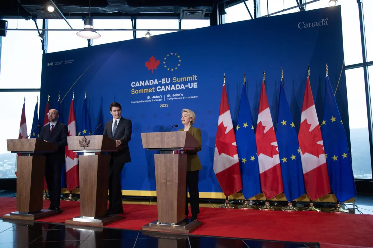 (L-R) European Council President Charles Michel, Prime Minister Justin Trudeau and European Commission President Ursula von der Leyen hold a news conference in St. John’s on Nov.24, 2023. (The Canadian Press/Paul Daly)