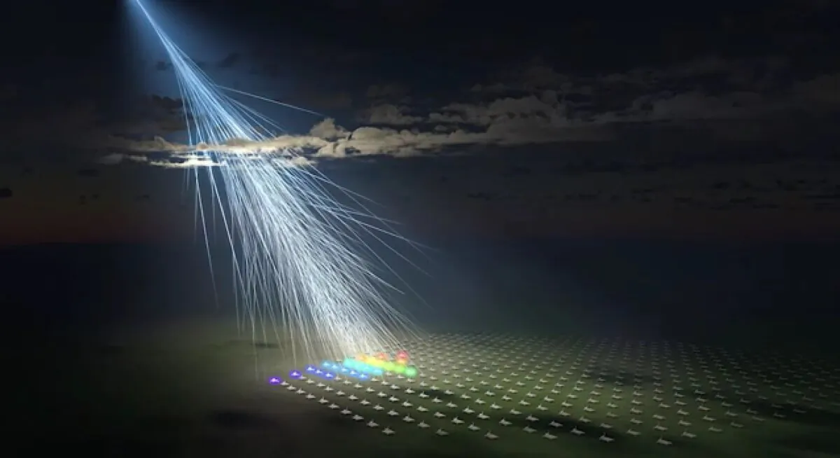 A screengrab from a video shows an artist's illustration of the extremely energetic cosmic ray observed by the Telescope Array Collaboration led by the University of Utah and the University of Tokyo. It's been named the "Amaterasu particle." (Osaka Metropolitan University/L-INSIGHT, Kyoto University/Ryuunosuke Takeshige)