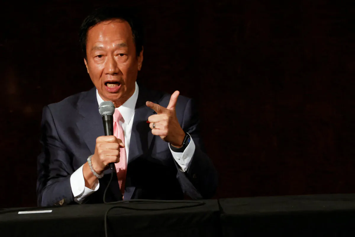 Terry Gou, Foxconn founder and presidential candidate, speaks during a press conference in Taipei, Taiwan, on Nov. 23, 2023. (Carlos Garcia Rawlins/Reuters)
