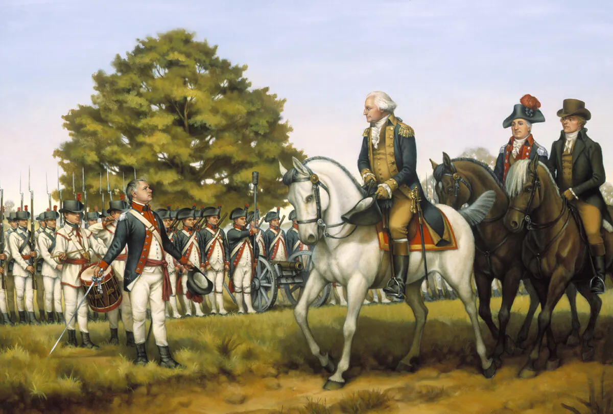 An illustration of Washington first using Militia Law to "Execute the Laws of the Union," during the Whiskey Rebellion in 1974, by Donna Neary. The National Guard. (Public Domain)