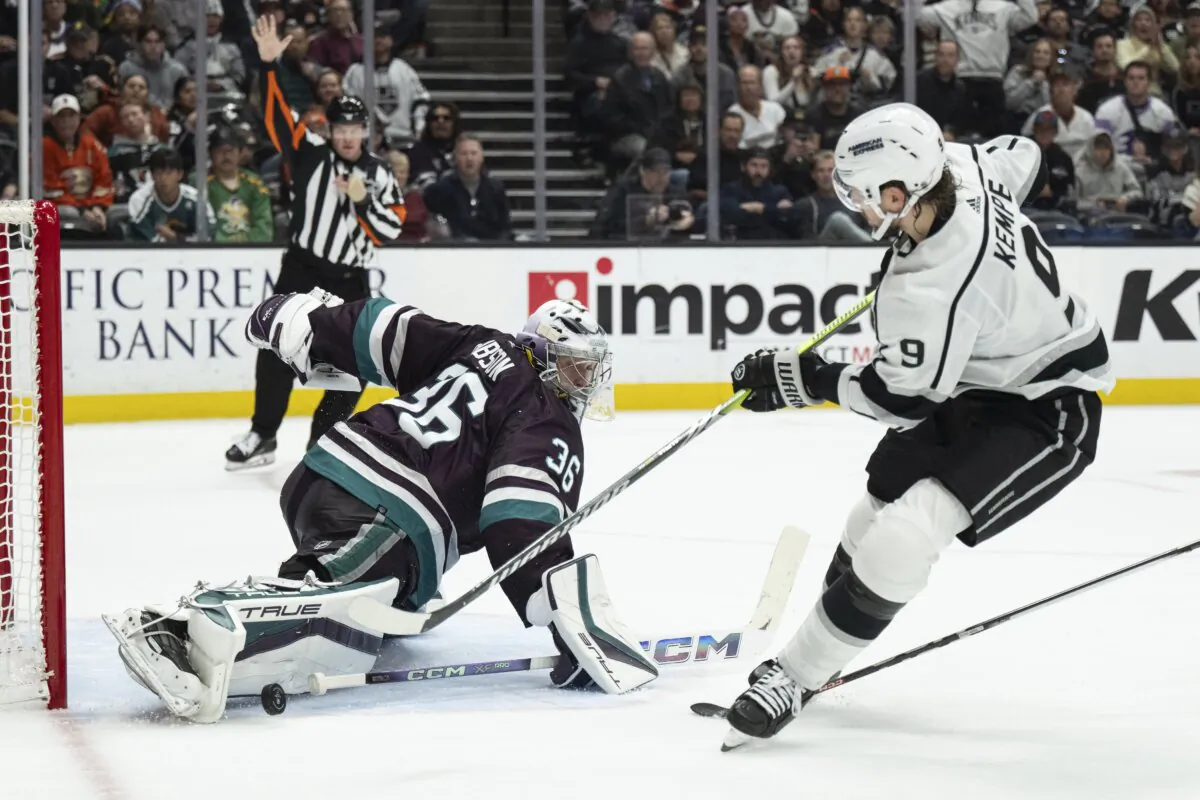 Anaheim Ducks goaltender John Gibson (36) blocks the shot by Los Angeles Kings center Adrian Kempe (9) during the second period of an NHL hockey game in Anaheim, Calif., on Nov. 24, 2023. (Kyusung Gong/AP Photo)