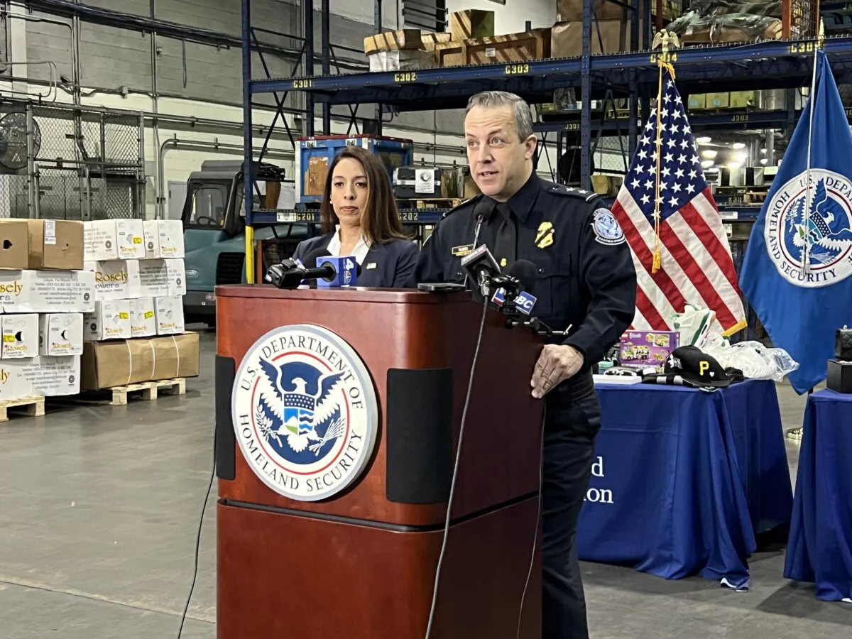 Francis Russo, the director of the CBP's New York field office, speaks at a press conference at John F. Kennedy International Airport in New York on Nov. 22, 2023. (Lin Dan/The Epoch Times)