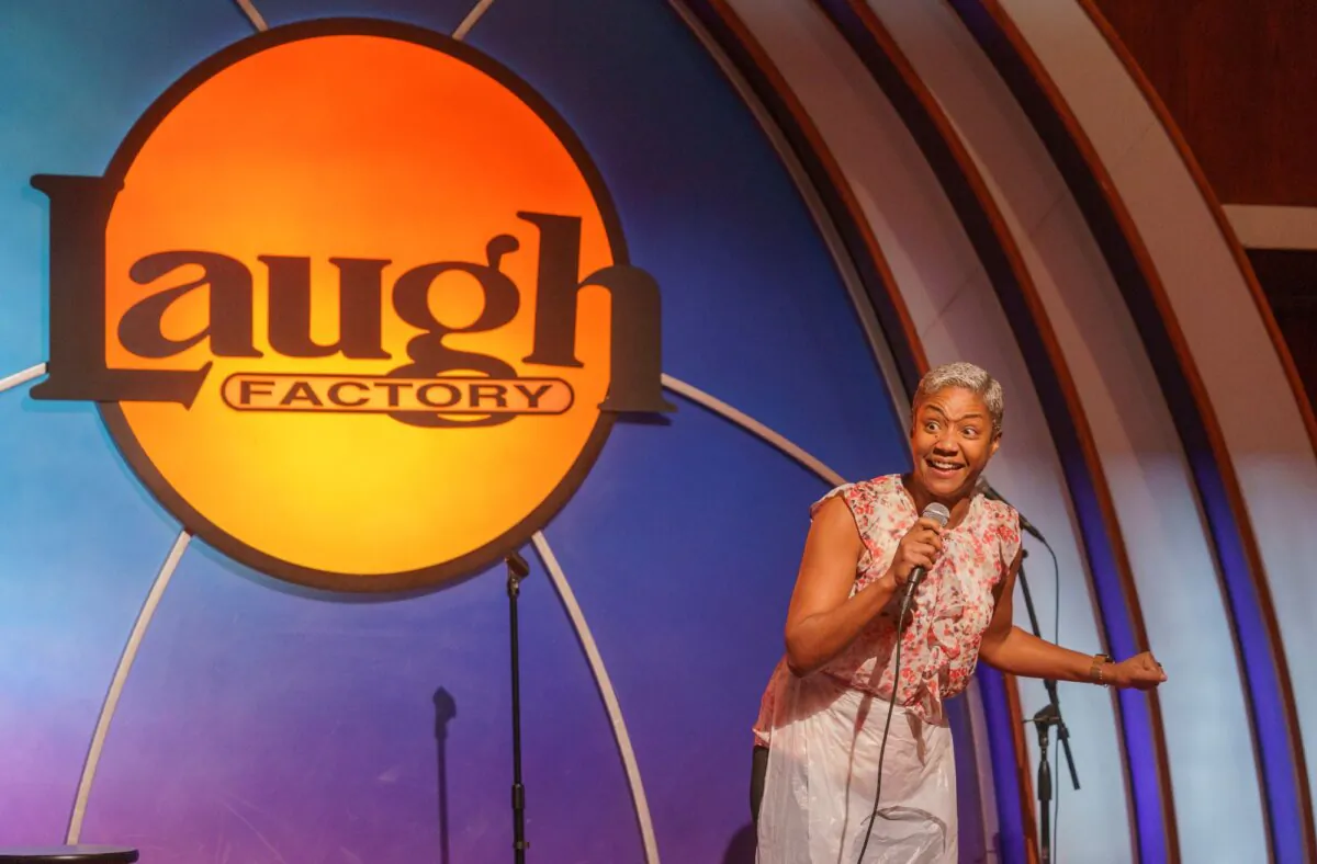 Stand-up comedian and actress Tiffany Haddish entertains guests at Laugh Factory Hollywood, during its free Thanksgiving meal in Los Angeles, Calif., on Nov. 23, 2023. (Damian Dovarganes/AP Photo)