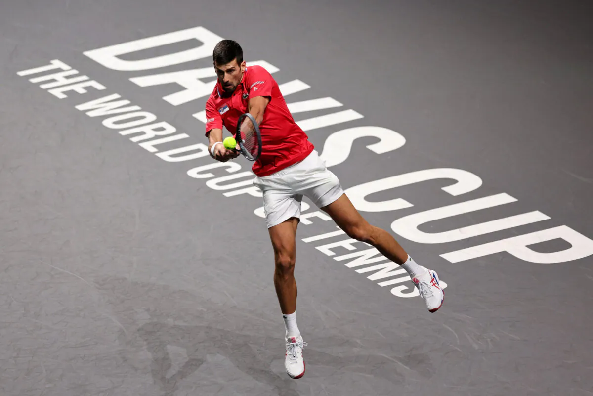 Serbia's Novak Djokovic in action during his match against Italy's Jannik Sinner during Davis Cup Semi Final at Palacio de deportes Martin Carpena, in Malaga, Spain, on Nov. 25, 2023.
(Violeta Santos Moura/Reuters)