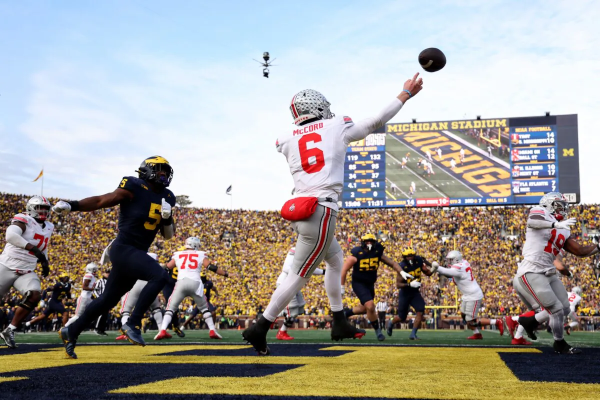 Kyle McCord (6) of the Ohio State Buckeyes throws a pass against the Michigan Wolverines during the second quarter in the game at Michigan Stadium in Ann Arbor, Mich., on Nov. 25, 2023 (Ezra Shaw/Getty Images)