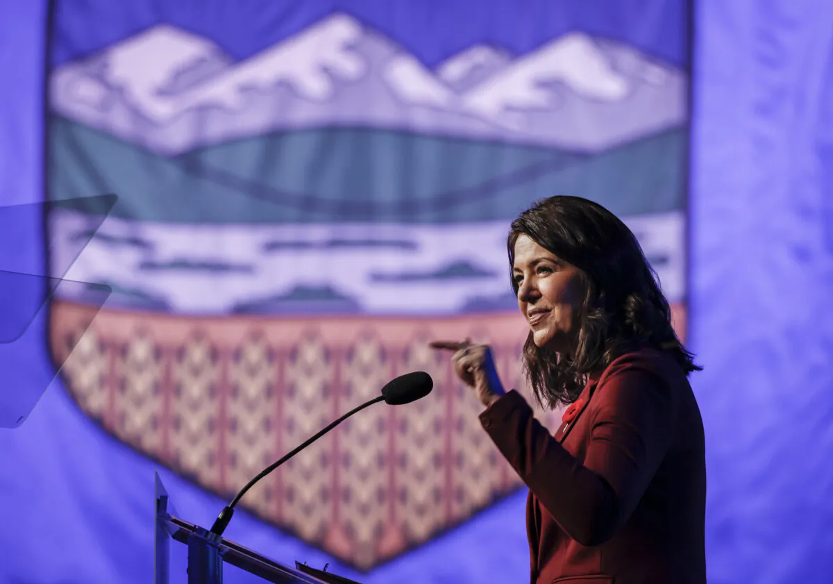 Alberta Premier Danielle Smith speaks to the party faithful at the United Conservative Party annual general meeting in Calgary on Nov. 4, 2023. (The Canadian Press/Jeff McIntosh)