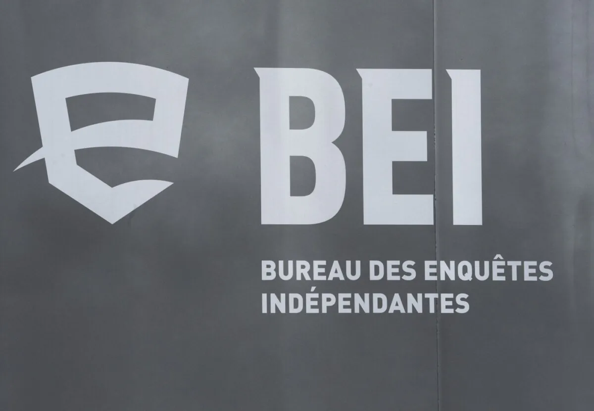 BEI logo, Quebec’s independent police bureau, is seen in Louiseville, Que., on Mar. 28, 2023. (The Canadian Press/Ryan Remiorz)