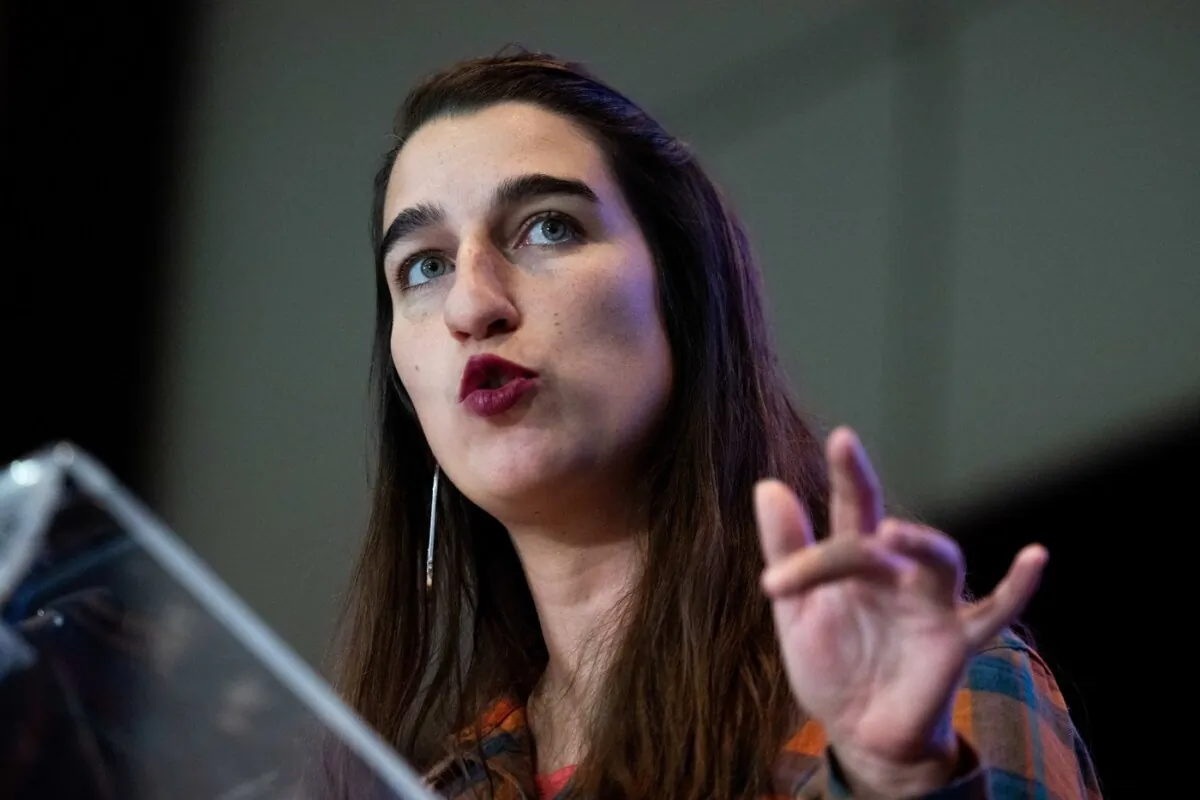 Candidate Emilise Lessard-Therrien speaks during a debate at the Quebec Solidaire party convention in Gatineau, Que., on Nov. 25, 2023. (The Canadian Press/Spencer Colby)