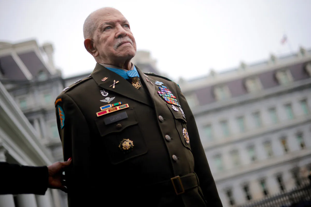 Medal of Honor recipient U.S. Army Colonel Paris Davis appears before members of the media after receiving the honor during a ceremony in the East Room of the White House in Washington on March 3, 2023. (Win McNamee/Getty Images)