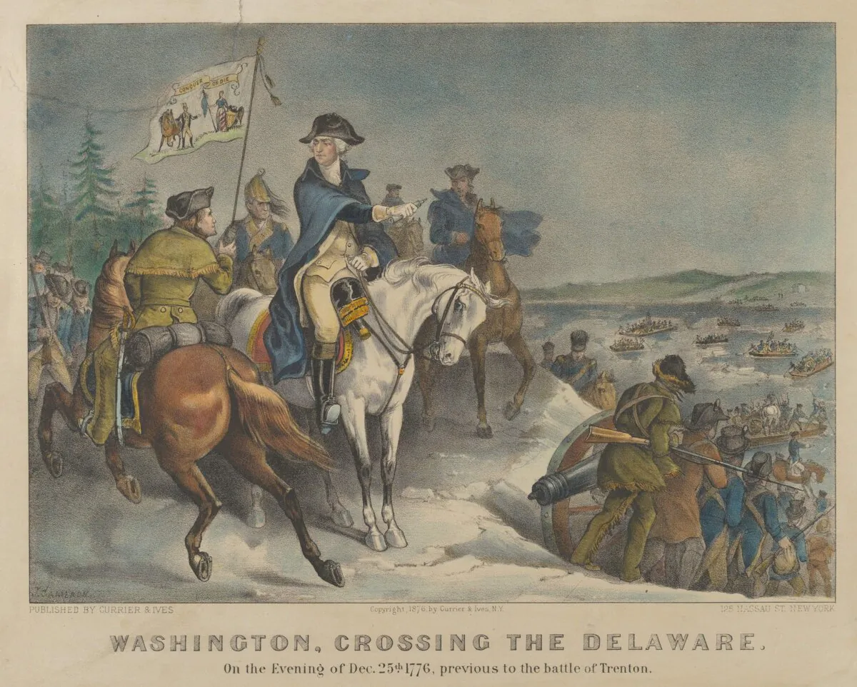 A hand-colored
lithograph of
“Washington, Crossing
the Delaware–On the
Evening of Dec. 25th
1776, previous to the
Battle of Trenton”
published by Currier
& Ives, 1876. The
Metropolitan Museum of
Art, New York. (Public Domain)