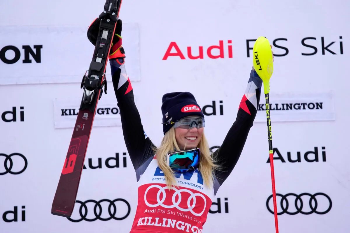 Mikaela Shiffrin of United States celebrates her victory in a women's World Cup slalom skiing race in Killington, Vt., on Nov. 26, 2023. (Robert F. Bukaty/AP Photo)