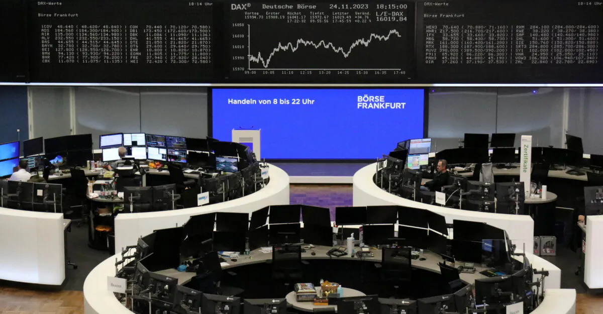 The German share price index DAX graph is pictured at the stock exchange in Frankfurt, Germany, on Nov. 24, 2023. (Staff/Reuters)