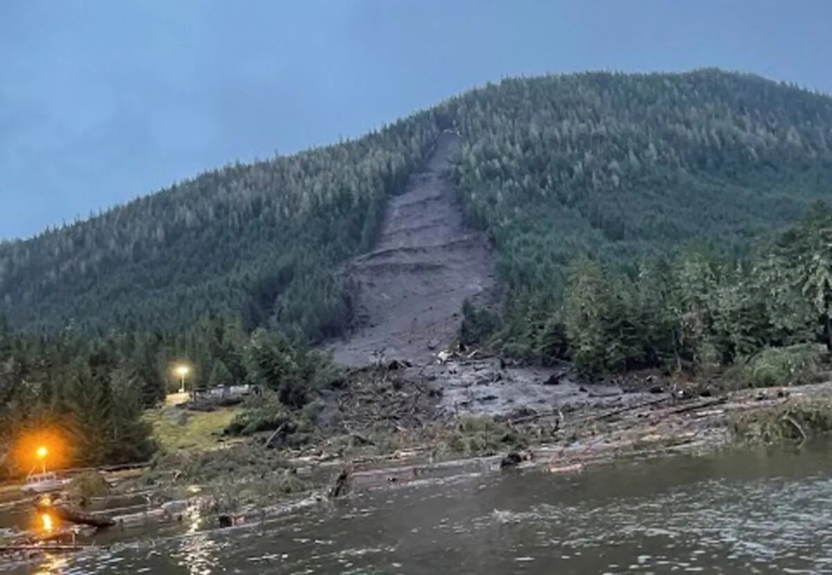The landslide that occurred the previous evening near Wrangell, Alaska, on Nov. 21, 2023. (Alaska Department of Public Safety via AP)