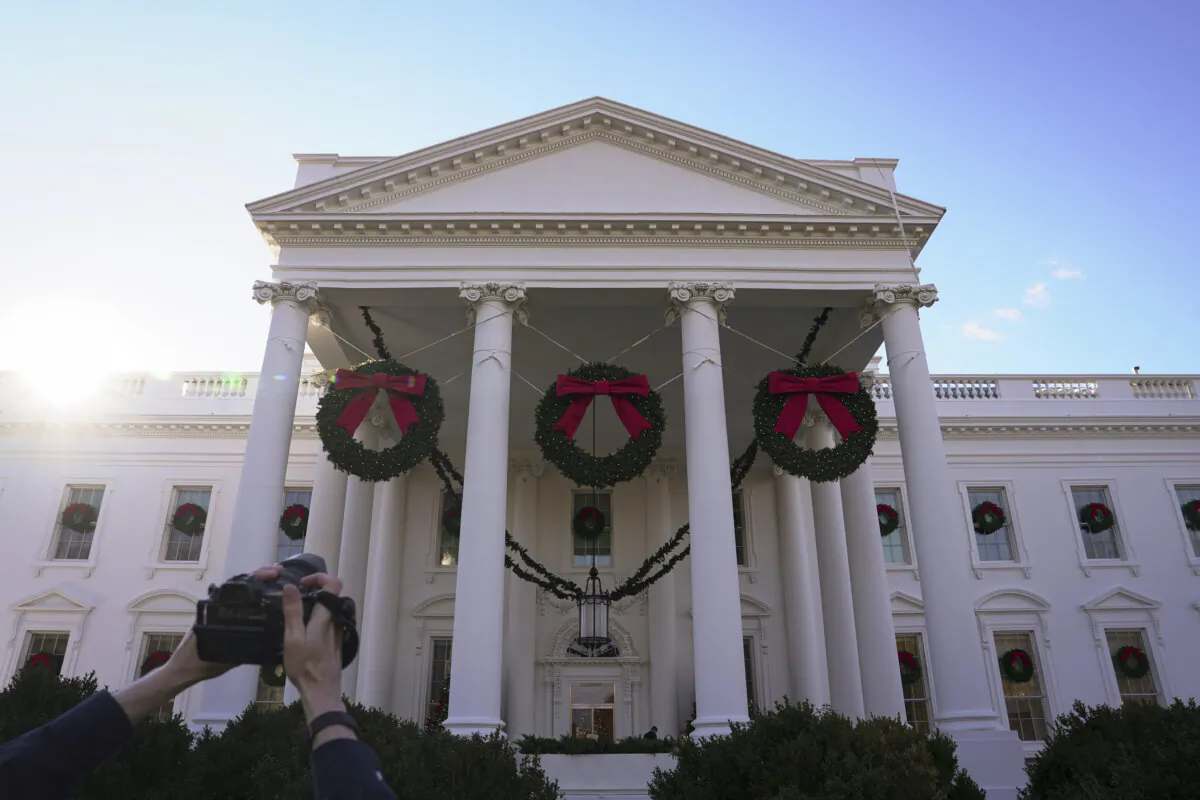 The White House is decorated for Christmas with the holiday theme “Magic, Wonder, and Joy” in Washington on Nov. 27, 2023. (Madalina Vasiliu/The Epoch Times)