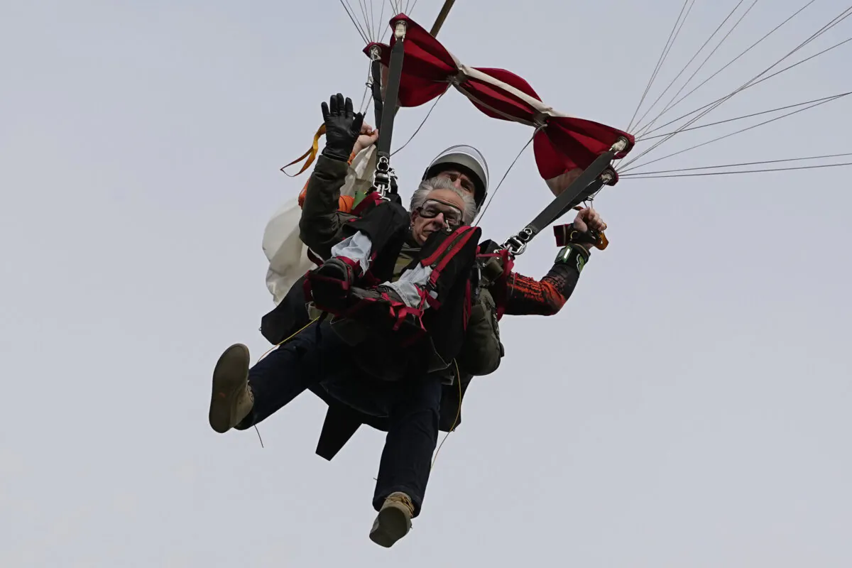 Texas Gov. Greg Abbott skydives in tandem in Fentress, Texas, on Nov. 27, 2023. (Eric Gay/AP Photo)