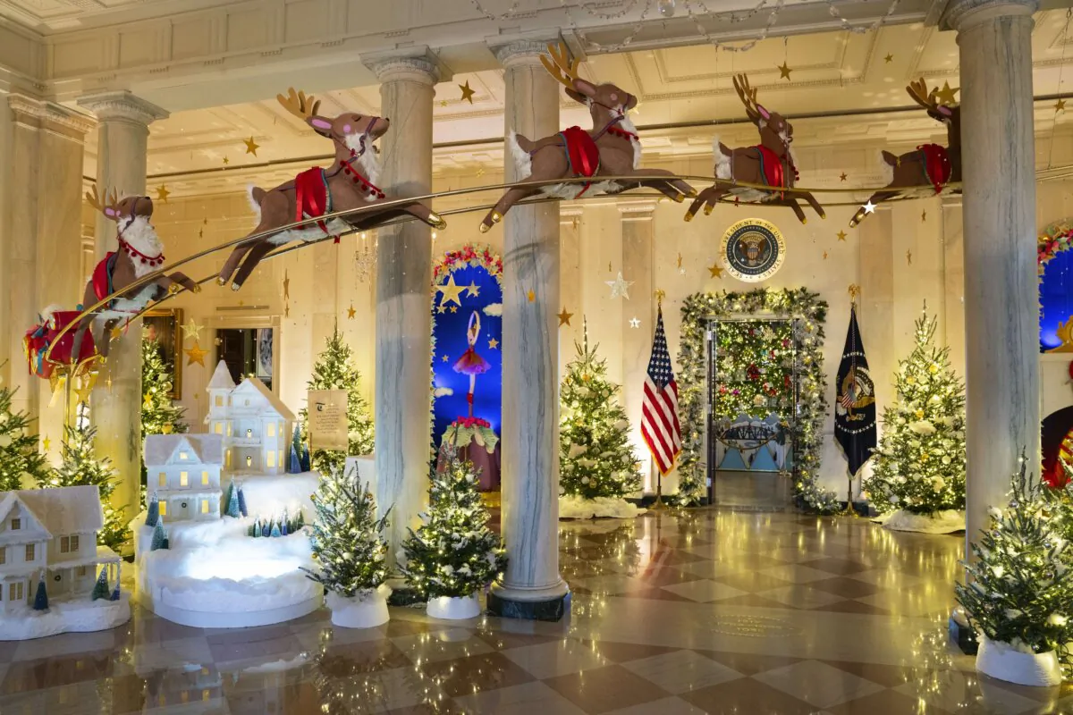 Holiday decorations adorn the Grand Foyer of the White House for the 2023 theme "Magic, Wonder, and Joy" on Nov. 27, 2023. (Evan Vucci/AP Photo)
