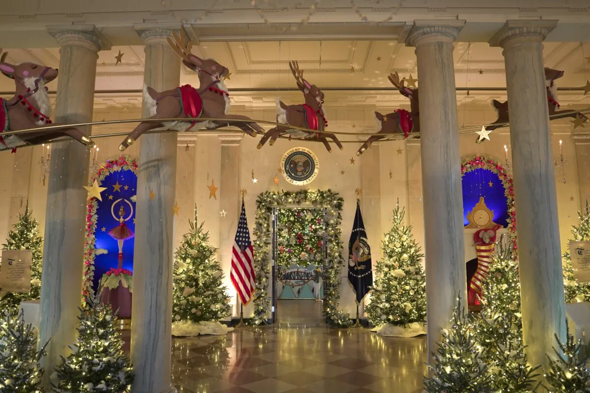 The White House is decorated for Christmas with the holiday theme Magic, Wonder, and Joy in Washington on Nov. 27, 2023. (Madalina Vasiliu/The Epoch Times)
