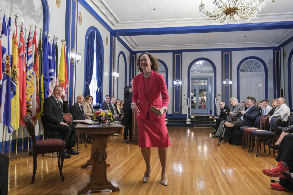 Justice Minister Bronwyn Eyre was announced as Saskatchewan’s minister of justice and attorney general at a press conference at Government House in Regina on May 31, 2022. (The Canadian Press/Michael Bell)
