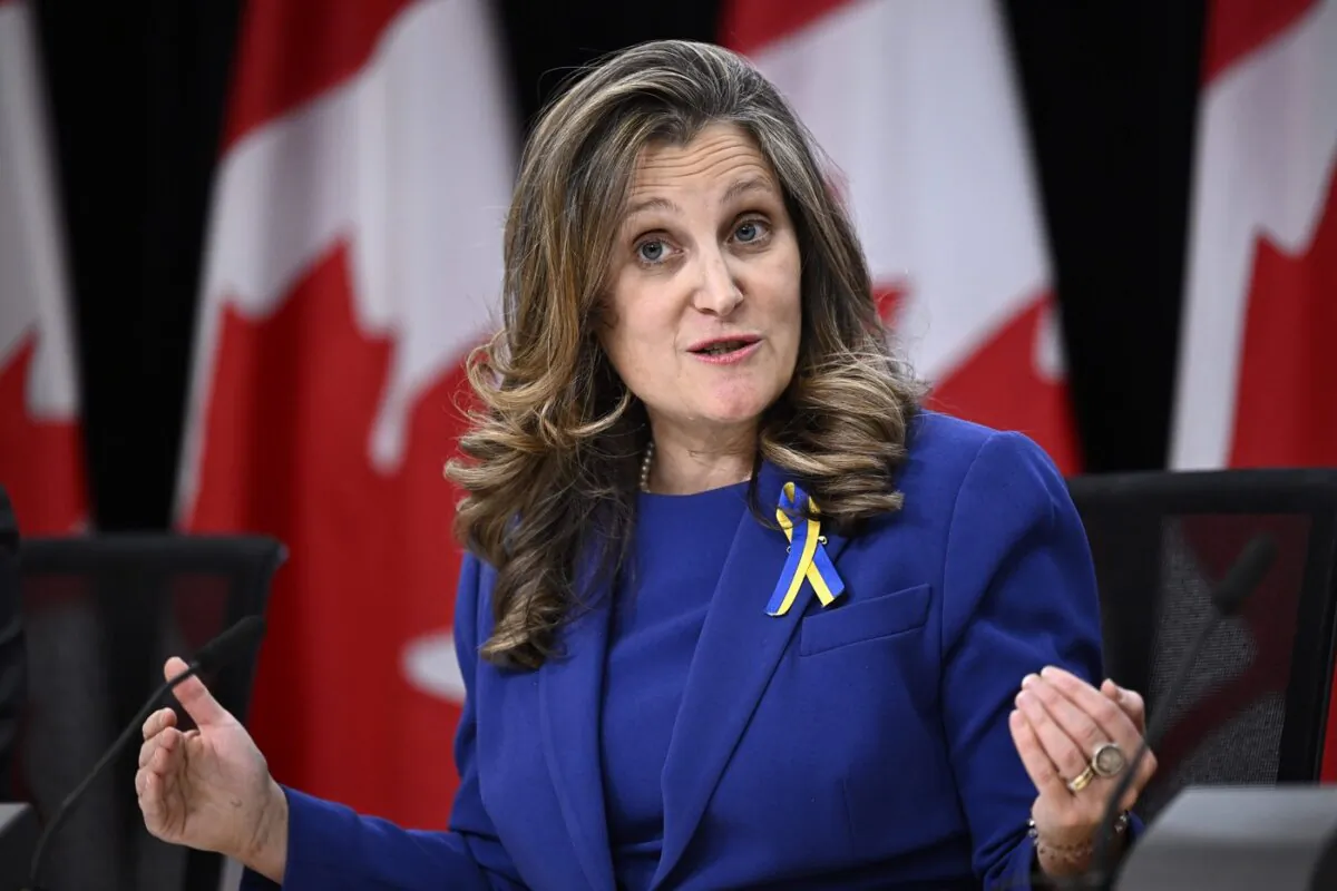 Deputy Prime Minister and Minister of Finance Chrystia Freeland speaks during a news conference on the next phase of the government’s economic plan at the National Press Theatre in Ottawa, on Nov. 28, 2023. (The Canadian Press/Justin Tang)