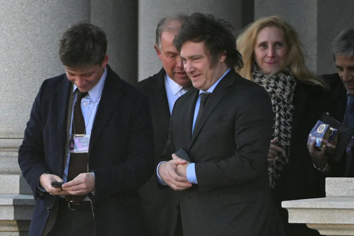 Argentine President-elect Javier Milei (C) departs from the Eisenhower Executive Office Building, next to the White House, in Washington on Nov. 28, 2023. (Mandel Ngan/AFP via Getty Images)