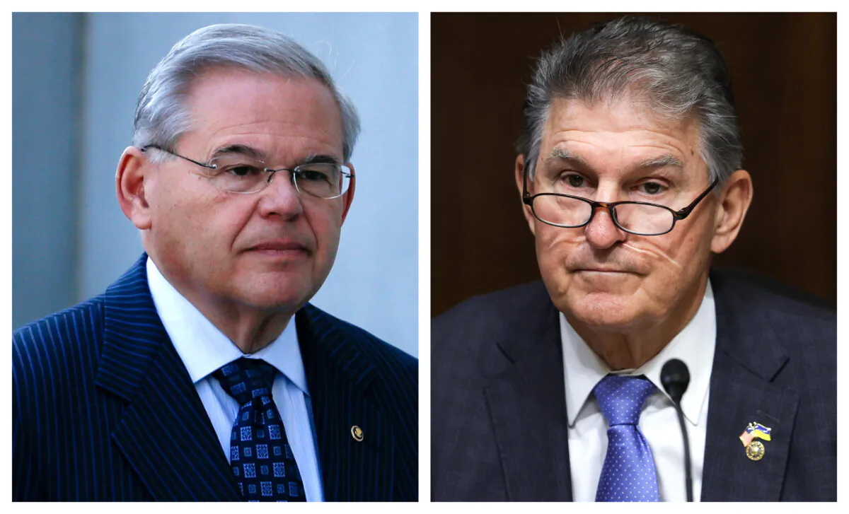 (Right) Sen. Joe Manchin (D-W.Va.), Senate Energy and Natural Resources Committee chair, presides over a hearing on battery technology in Washington on Sept. 22, 2022. (Kevin Dietsch/Getty Images); (Left) Sen. Robert Menendez arrives at a federal court to be indicted on corruption charges in Newark, N.J., on April 2, 2015. (Kena Betancur/Getty Images)