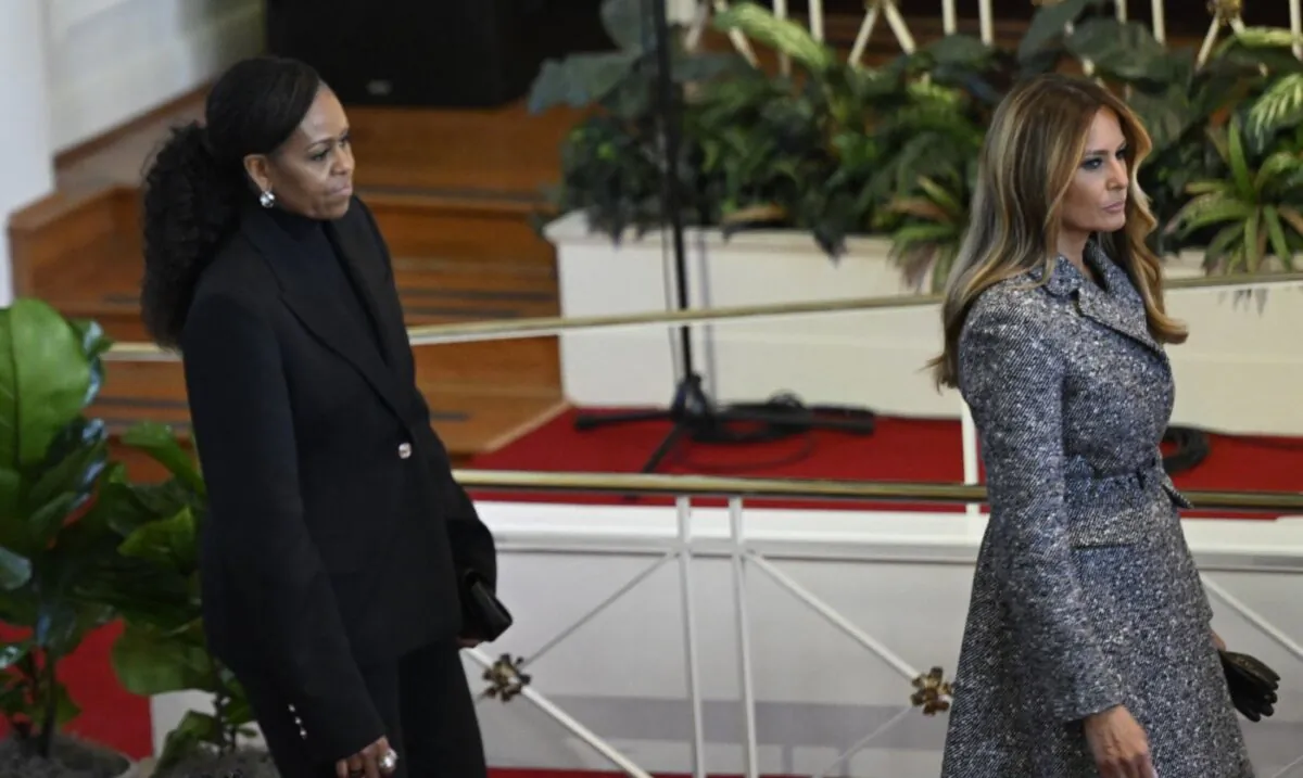 Former first lady Michelle Obama (L) and former first lady Melania Trump arrive at a tribute service for former first lady Rosalynn Carter at Glenn Memorial Church in Atlanta, Ga., on Nov. 28, 2023.  (Andrew Caballero-Reynolds /POOL/AFP via Getty Images)