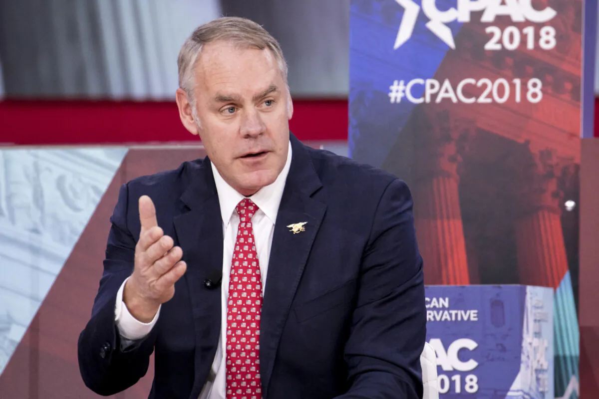 Secretary of Interior Ryan Zinke speaks during CPAC 2018 in National Harbor, Md., on Feb. 23, 2018. (Samira Bouaou/The Epoch Times)