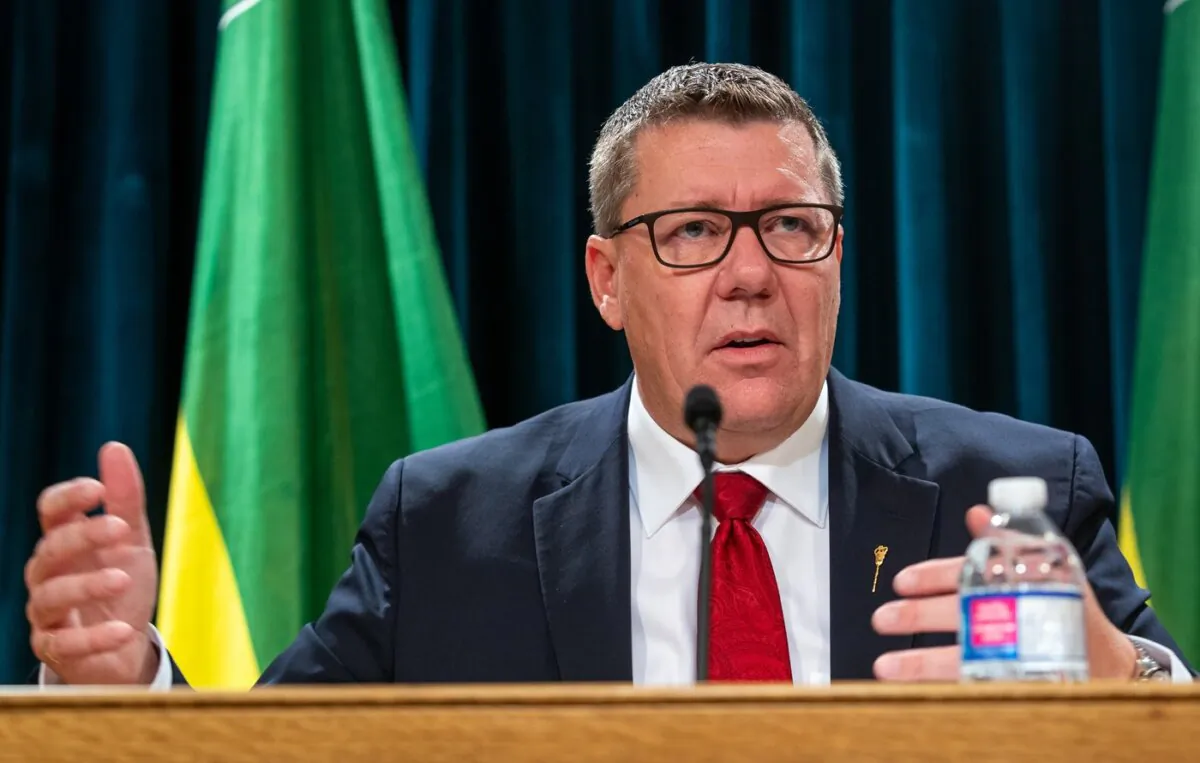 Saskatchewan Premier Scott Moe speaks during a press conference in Regina, Sask., on Oct. 25, 2023. (The Canadian Press/Heywood Yu)