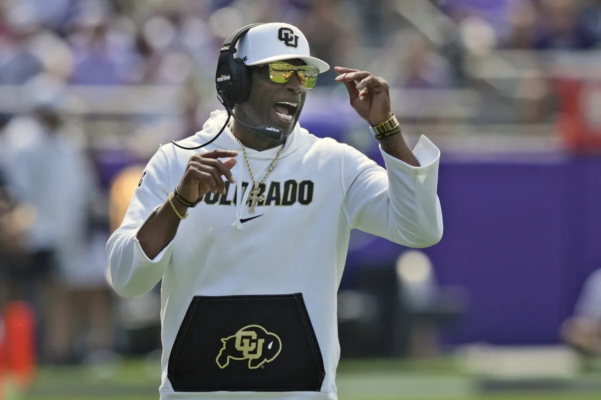 Colorado head coach Deion Sanders yells from the sidelines during the first half of an NCAA college football game against TCU in Fort Worth, Texas, on Sept. 2, 2023. (LM Otero/AP Photo)