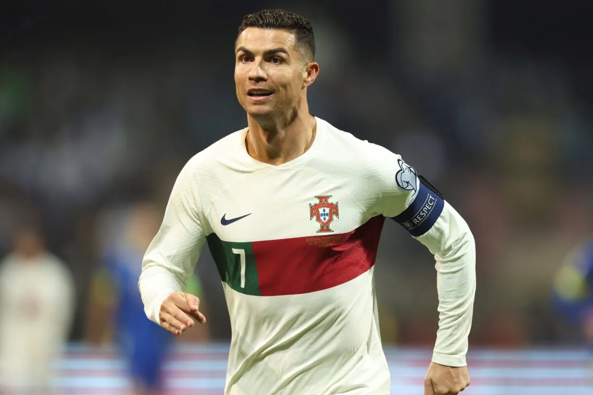 Portugal's Cristiano Ronaldo reacts after scoring during the Euro 2024 group J qualifying soccer match against Bosnia-Herzegovina at the Bilino Polje Stadium in Zenica, Bosnia and Herzegovina, on Oct. 16, 2023. (Armin Durgut/AP Photo)