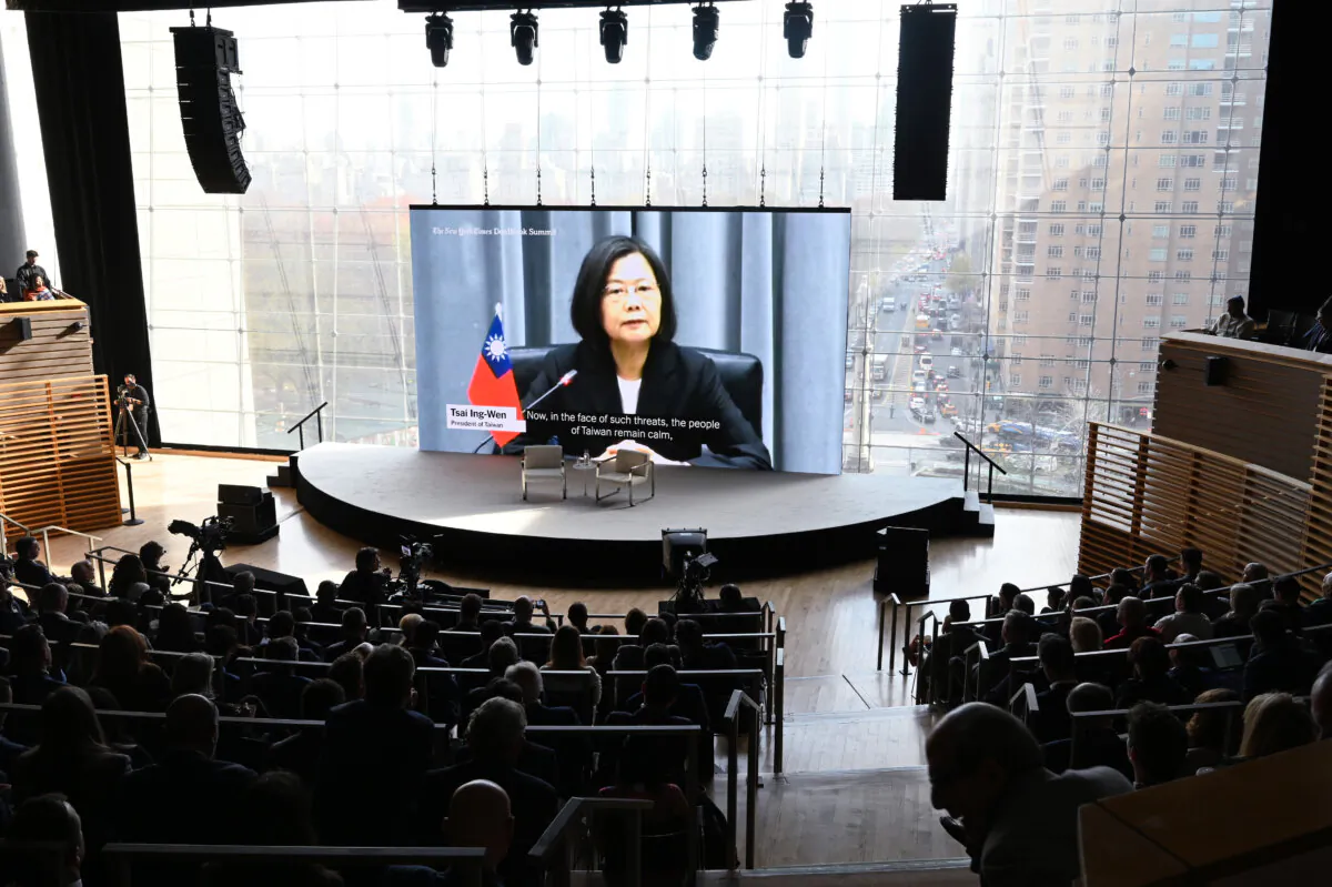 An interview between Andrew Ross Sorkin and President of Taiwan Tsai Ing-wen is displayed on a screen during The New York Times Dealbook Summit 2023 at Jazz at Lincoln Center in New York City, on Nov. 29, 2023. (Slaven Vlasic/Getty Images for The New York Times)