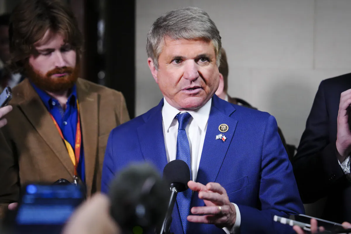 Rep. Michael McCaul (R-Texas.) speaks with reporters after the House Republicans meeting securing the GOP nomination for House speaker in Washington on Oct. 11, 2023. (Madalina Vasiliu/The Epoch Times)
