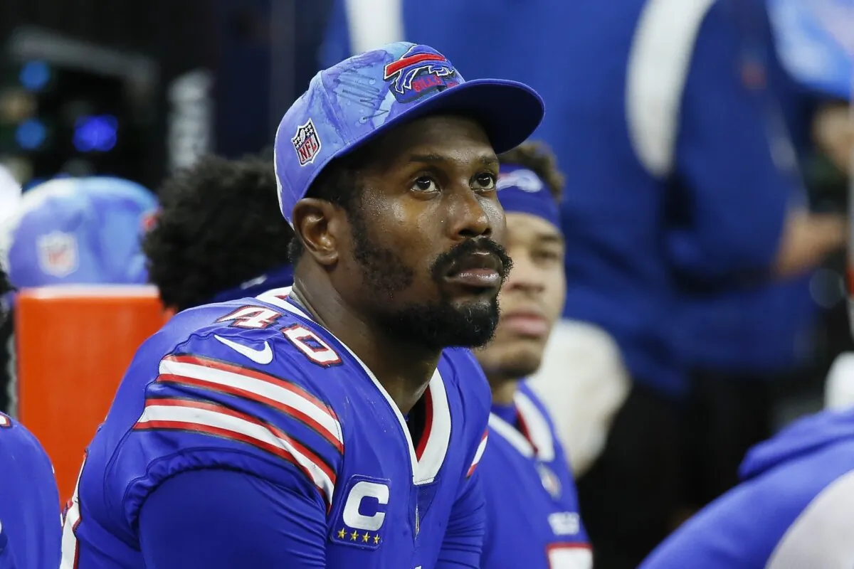 Buffalo Bills's Von Miller watches from the bench during the second half of an NFL football game against the Cleveland Browns in Detroit on Nov. 20, 2022. (Duane Burleson/AP Photo)