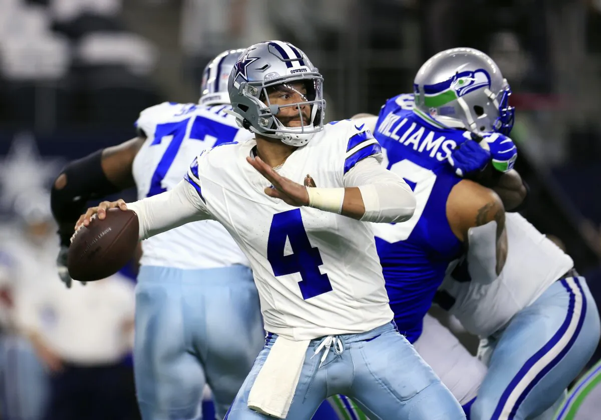 Quarterback Dak Prescott (4) of the Dallas Cowboys looks to pass during the 1st quarter of the game against the Seattle Seahawks in Arlington, Texas, on Nov. 30, 2023. (Ron Jenkins/Getty Images)