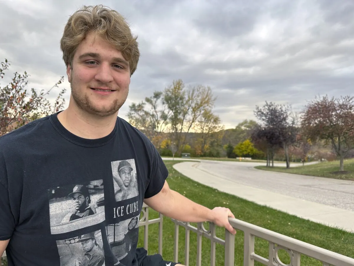 Luke Eckardt poses on the Iowa Western Community College campus in Council Bluffs, Iowa, on Oct. 24, 2023. (Eric Olson/AP Photo)