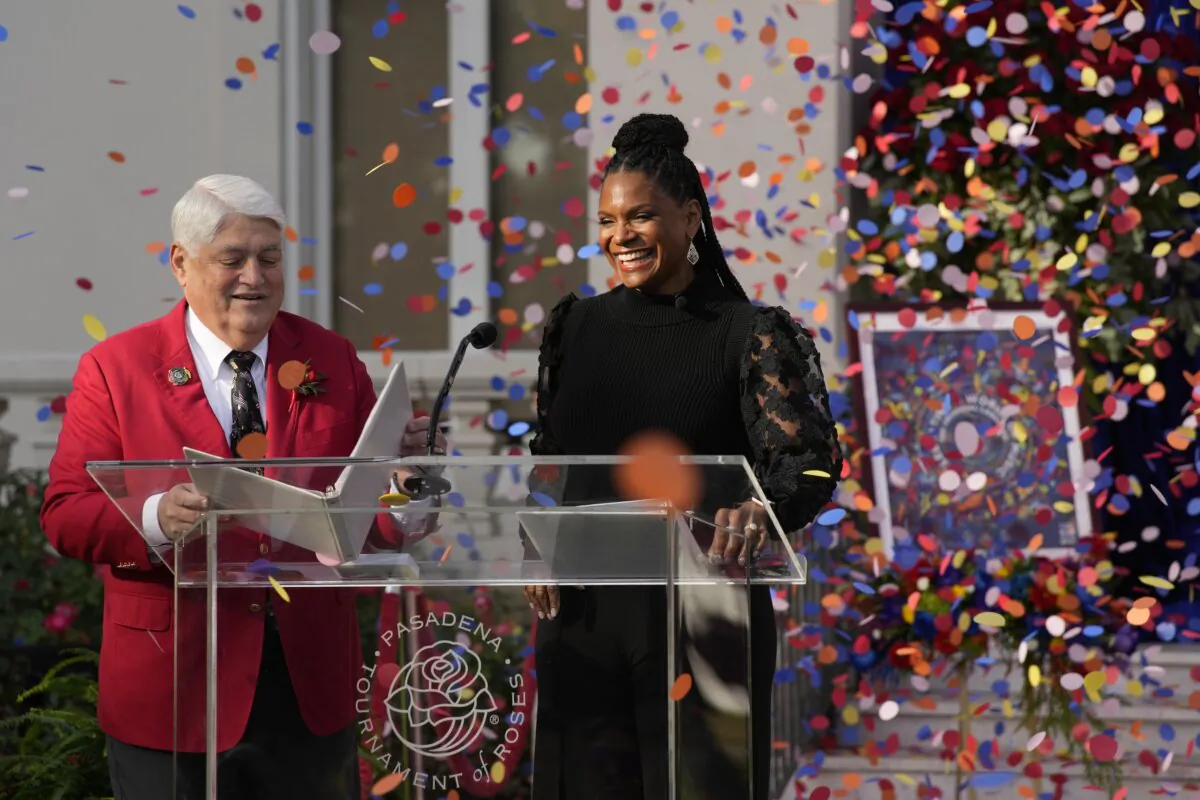 Alex Aghajanian, President and Chairman of the Board for the 2024 Pasadena Tournament of Roses Association, announces actor-singer Audra McDonald as the 2024 Tournament of Roses Grand Marshal, on the front steps of Tournament House in Pasadena, Calif., on Dec. 1, 2023. (Damian Dovarganes/AP Photo)