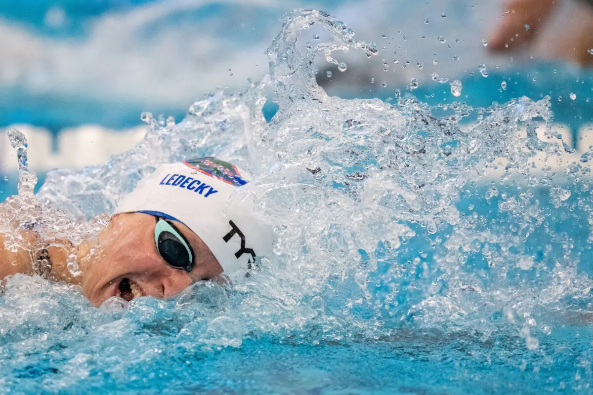 Katie Ledecky competes in the women's 400 meter freestyle final on day 2 of the Toyota U.S. Open at the Greensboro Aquatic Center in Greensboro, N.C., on Nov. 30, 2023. (Jacob Kupferman/Getty Images)