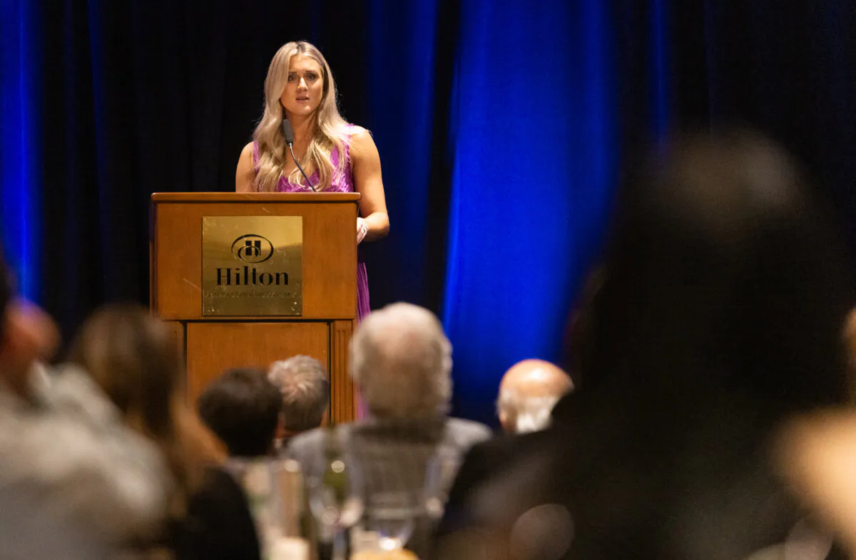 Riley Gaines speaks in Costa Mesa, Calif., on Nov. 30 2023. (John Fredricks/The Epoch Times)