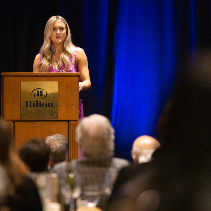 Riley Gaines speaks at the 107th Annual Lincoln Day Dinner in Louisville.