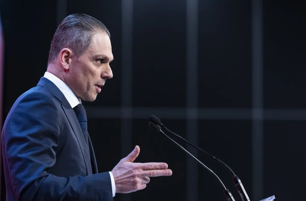 National Bank President and CEO Laurent Ferreira addresses the Montreal Chamber of Commerce in Montreal on Sept. 21, 2023. (The Canadian Press/Christinne Muschi)