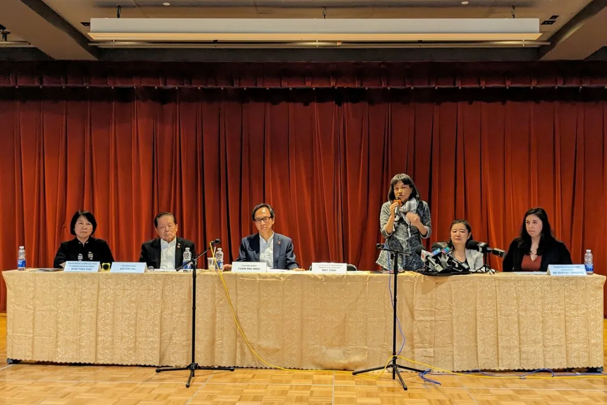 Sen. Victor Oh (2nd L) and Sen. Yuen Pau Woo (3rd L) at a press conference in Montreal on Dec. 1, 2023. The two senators support the Centre Sino-Québec de la Rive-Sud and the Service à la Famille Chinoise du Grand Montréal, to Quebec organizations that are being investigated by the RCMP for allegedly operating as secret Chinese police stations. Others at the press conference included Tina Zhu, representative of the Coalition for Saving Chinese Institutions of Quebec (L); May Chiu, moderating the press conference; Xixi Li (2nd R), Brossard city councillor and director general of the two organizations; and lawyer Maryse Lapointe (R). (Yi Ke/NTD Television)