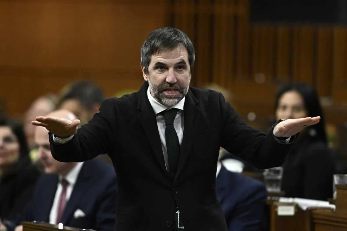 Minister of Environment and Climate Change Steven Guilbeault rises during question period in the House of Commons on Parliament Hill in Ottawa on Nov. 28, 2023. (The Canadian Press/Justin Tang)